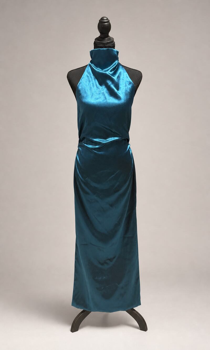 AW Bridal Teal Satin Halter Ruched Maxi Evening Gown Size 8